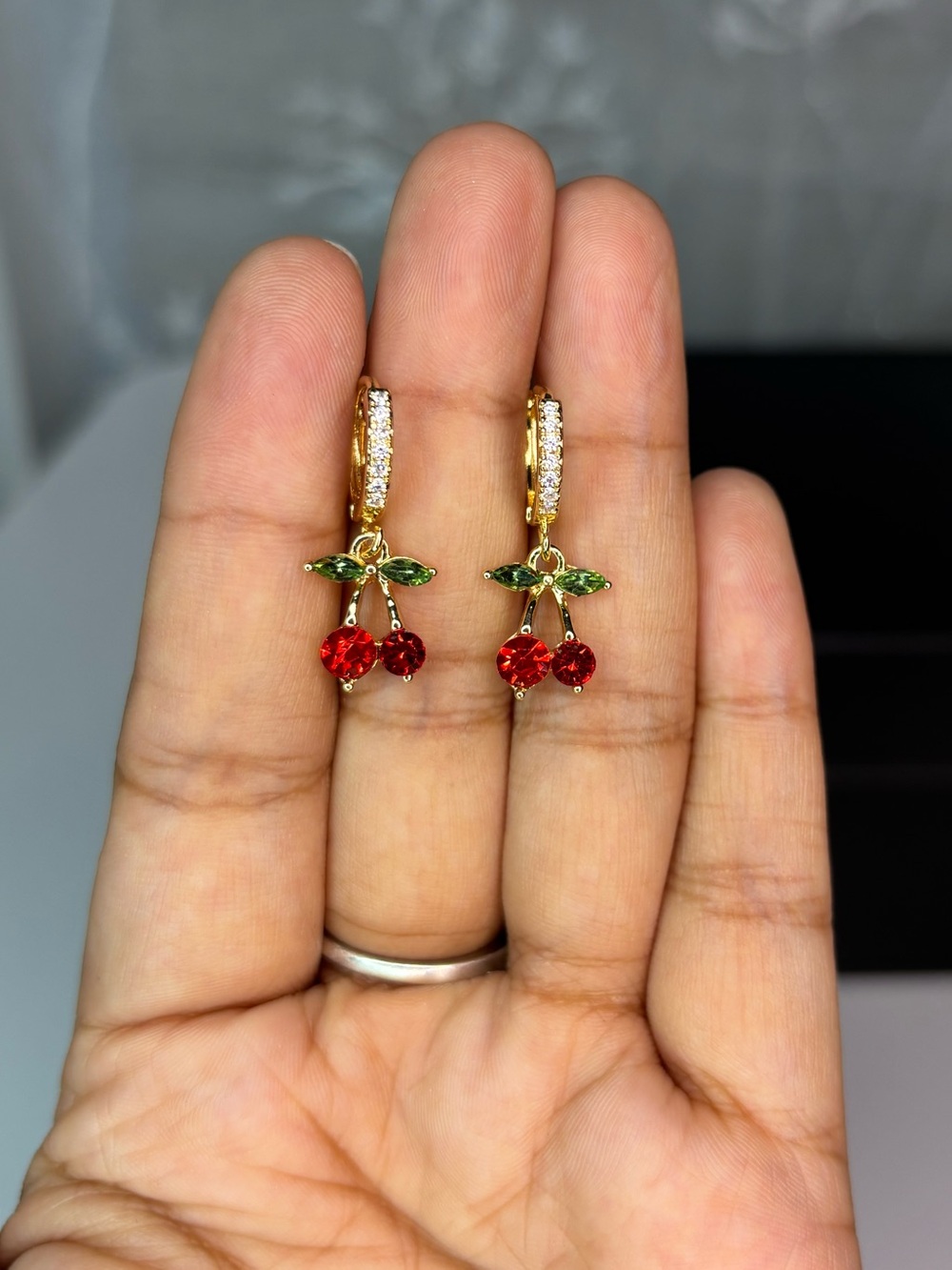 Small Delicate Gold Cherry Drop Hoop Earrings with Red Crystals New!